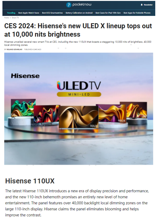 最强Mini LED电视！全球媒体聚焦海信电视UX，CES2024获16项大奖(图2)