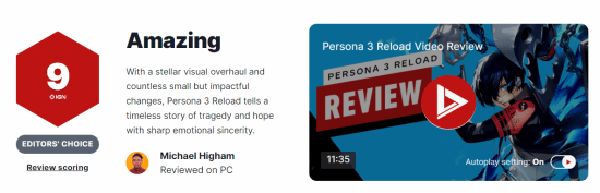 《女神异闻录3 Reload》IGN 9分：一次提升巨大的重制