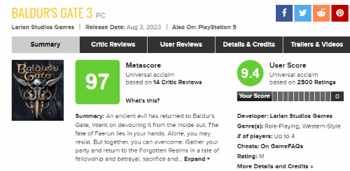 《博德之门3》超越《王国之泪》！当前M站年内评分最高游戏