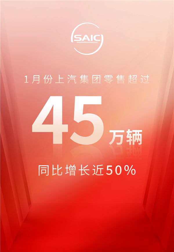 上汽集团公布1月零售超45万台：自主品牌独占1/2
