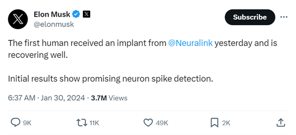 马斯克的脑机接口迎来“里程碑时刻”：首位人类患者已植入！