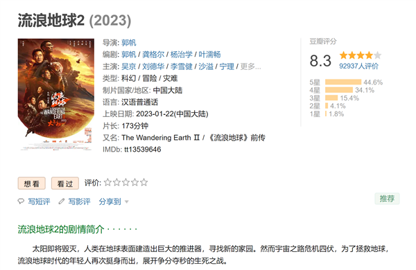 上映第二天票房近6亿！《流浪地球2》豆瓣开分8.3：中国最强科幻