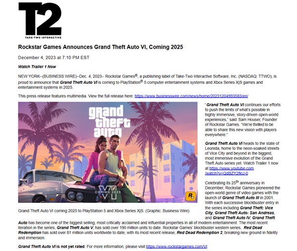 T2确认《GTA6》首发登陆PS5、XSX/S！PC预计2026年上线