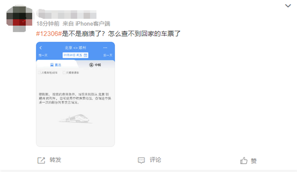 12306出现故障无法查车次 客服回应：网络问题 建议多次刷新