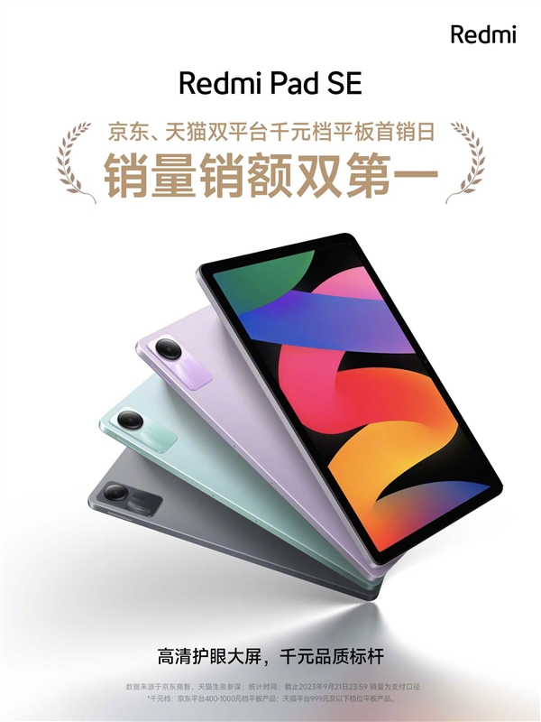 千元板王！卢伟冰打造的Redmi Pad SE火爆：获京东天猫销量销售额第一