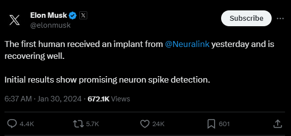 重大突破！马斯克宣布首位人类接受脑机接口植入：恢复良好