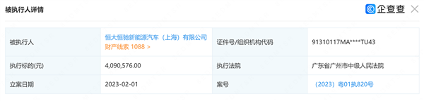 恒大恒驰上海公司被强执409万：累计被执行2.8亿