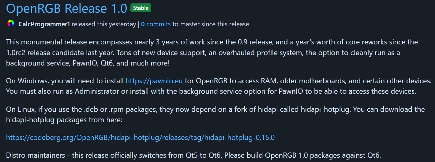 OpenRGB 1.0 发布：开源灯光控制进入新阶段