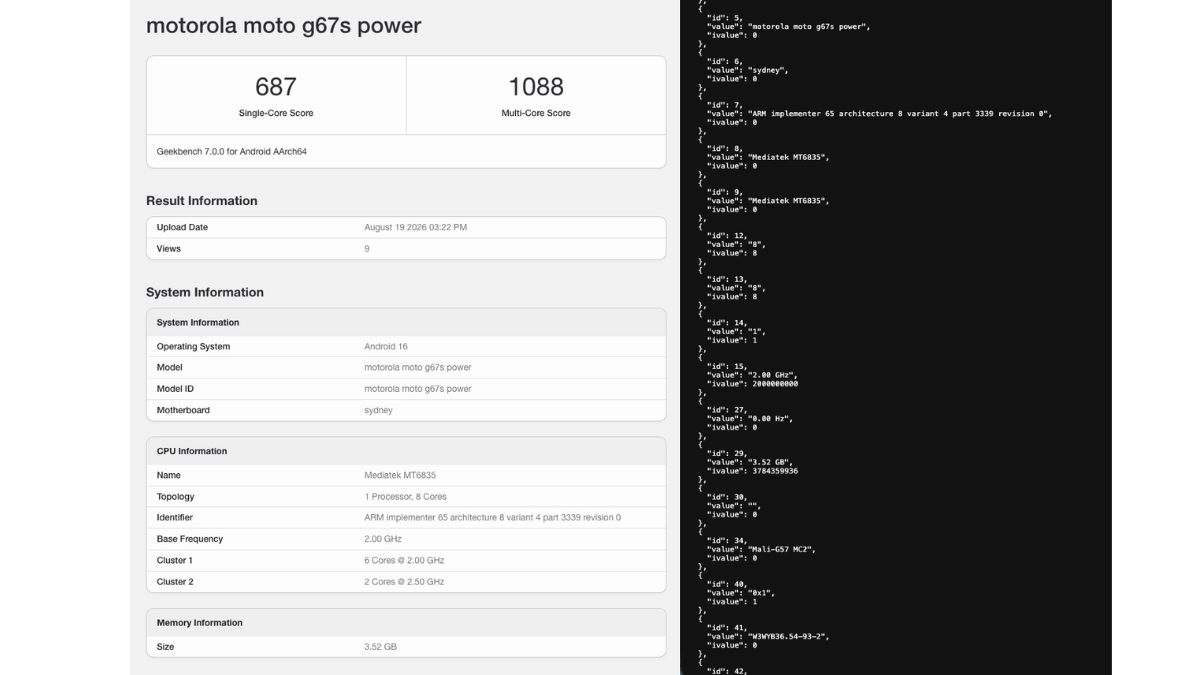 Moto G67s Power跑分曝光：天玑6400配4GB内存