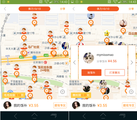 360好搜新版“神奇功能” 抢饭补还能约男票(图2) 通过在地图上点击每个人的图标,都可以看到当前他分享的饭补,点击抢饭补按钮,便可以得到随机金额。此处需要注意,尽量挑分享金额多的用户,是有可能拿到大红包的哦~如果这个小气鬼只分享了5毛,当然我们的收益最多也不可能超过五毛钱的了。每个用户每天将有10点体力,可以抢十次饭补,一轮下来,小编收入3块5毛5。