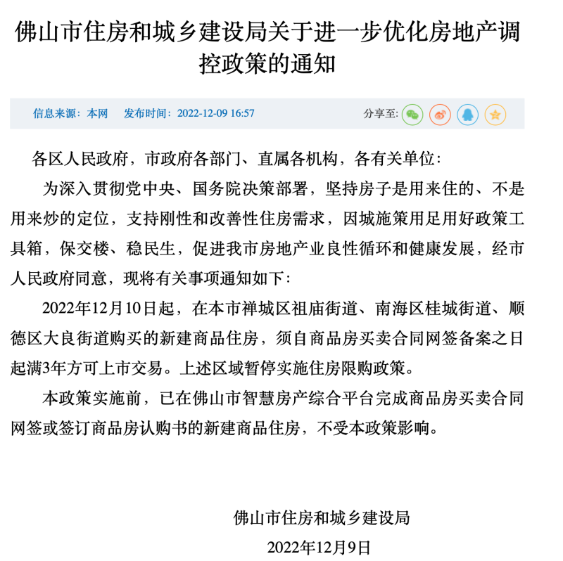 佛山12月10日起全面取消限购，三个街道购新房限售3年(图1)