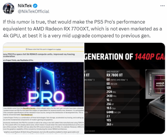 博主称PS5 Pro提升不是很大：性能和7700XT相当