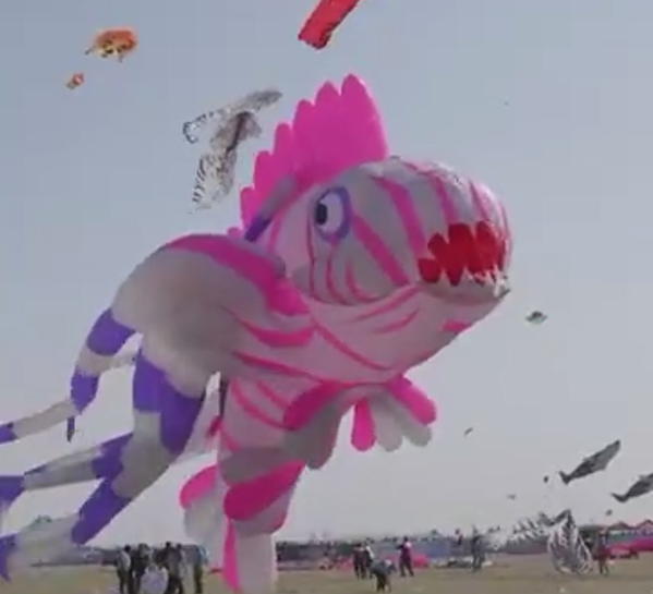 潍坊风筝节现躺平版“秦始皇” 网友:这是他摔过最狠的一跤
