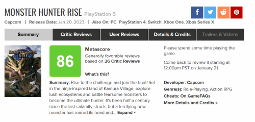 《怪物猎人：崛起》PS5版M站86分 XSX版87分：必玩之作！