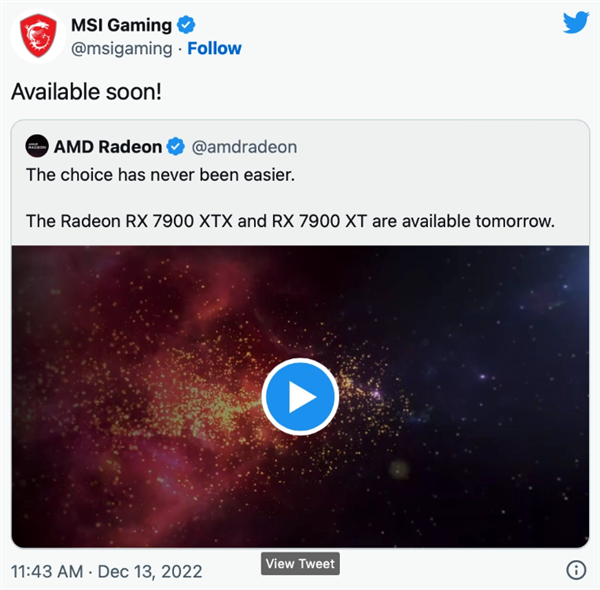 三大板卡品牌之一的微星缺席RX 7900首发 原因揭晓：直接非公版