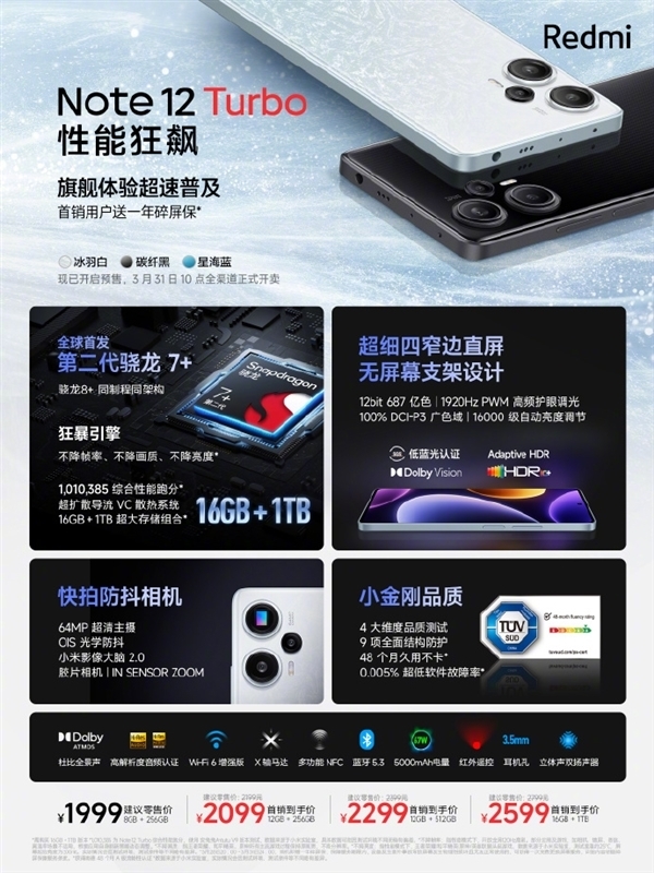 只要2599元！Redmi Note 12 Turbo 1TB版明日再次开售