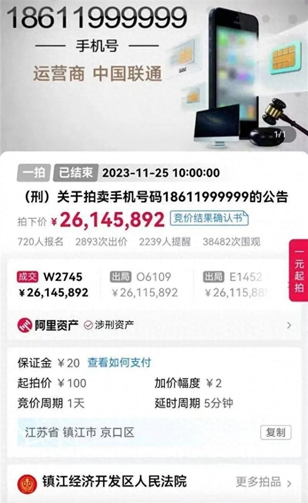 法院通报2614万恶意竞拍含6个9的手机靓号：罚款8万元