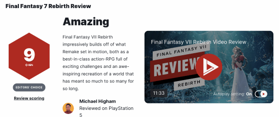 《最终幻想7：重生》IGN 9分：充满挑战的一流动作RPG