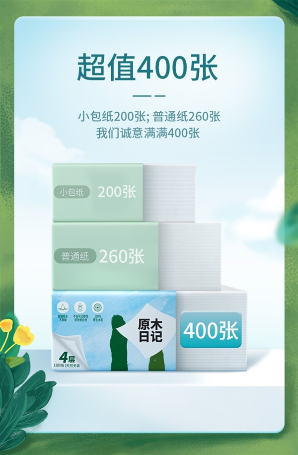 湿水不易破!原木日记原生木浆抽纸狂促:券后每包仅1元