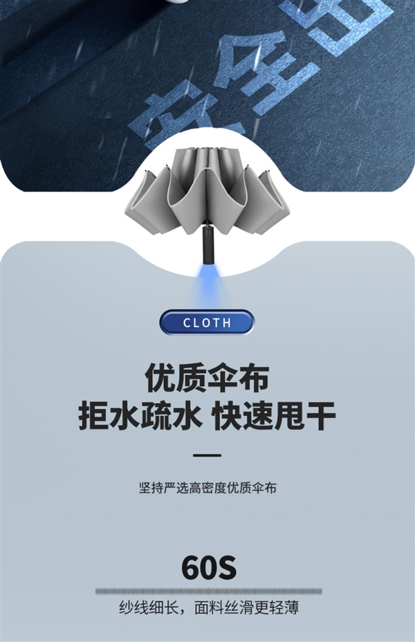 LED照明+反光伞边 大嘴猴反向全自动晴雨伞35.9元（立减80元）