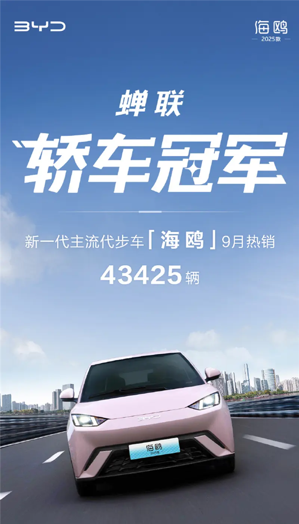 累计卖出59万辆！销量赏金女王官网登录入口比亚迪海鸥9月销量43425台稳坐轿车销冠宝座