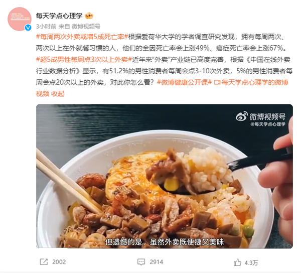 每周两次外卖或增5成死亡率:男性尤甚
