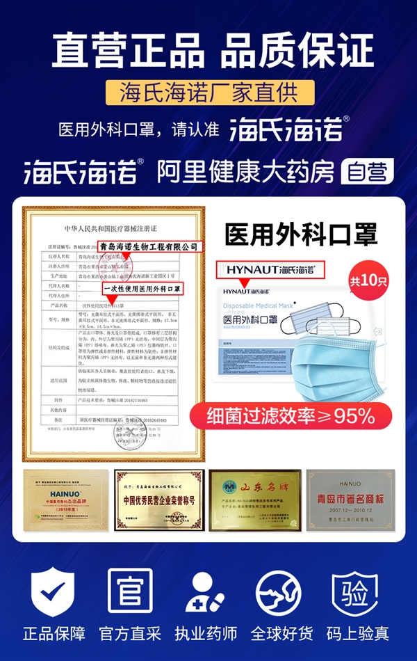 天猫阿里健康大药房:海氏海诺外科口罩100片14.9元狂促