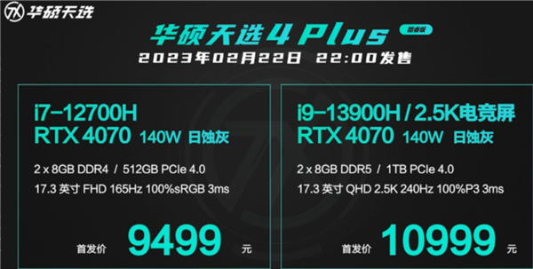 二次元升级 华硕发布天选4系列游戏本:顶配RTX 4070卖到10999元