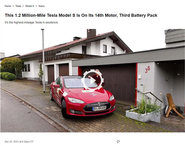 世界最长行驶里程特斯拉Model S：近190万公里、光电机就换了13次