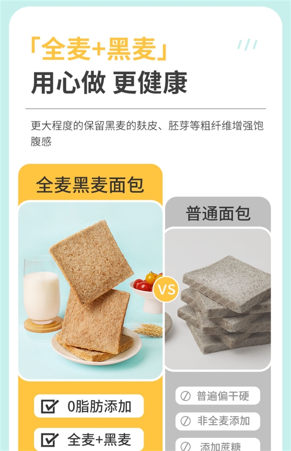 全麦+黑麦:舌里0脂肪全麦面包14.9元2斤40片大促