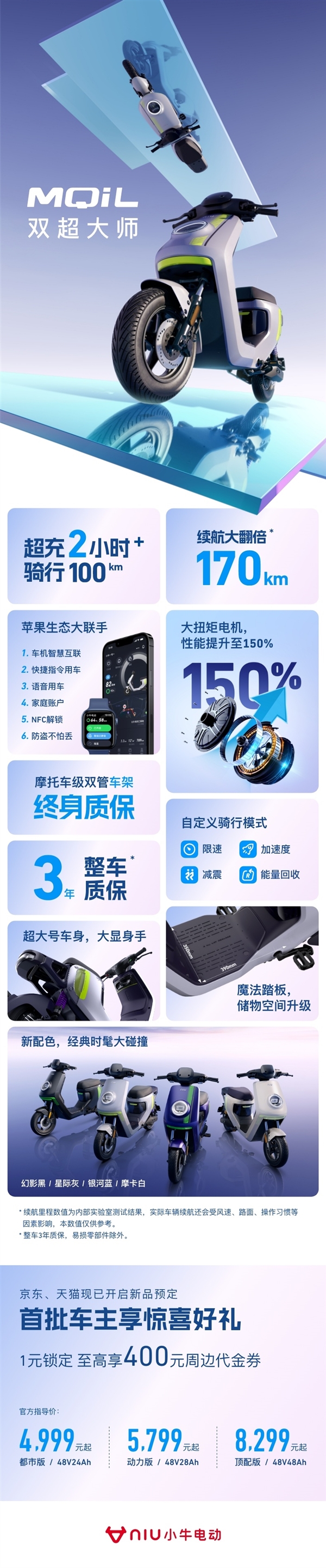 充电2小时骑行100公里!小牛MQiL正式发布:8299元到手