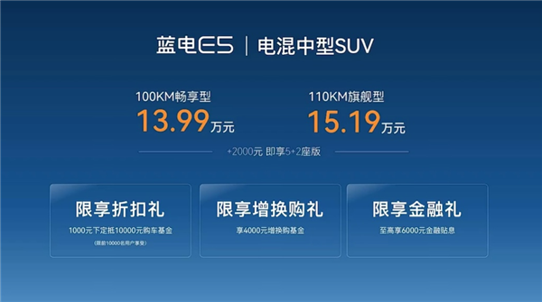 13.99万起 赛力斯蓝电E5上市:集成比亚迪DM-i、华为HiCar3.0