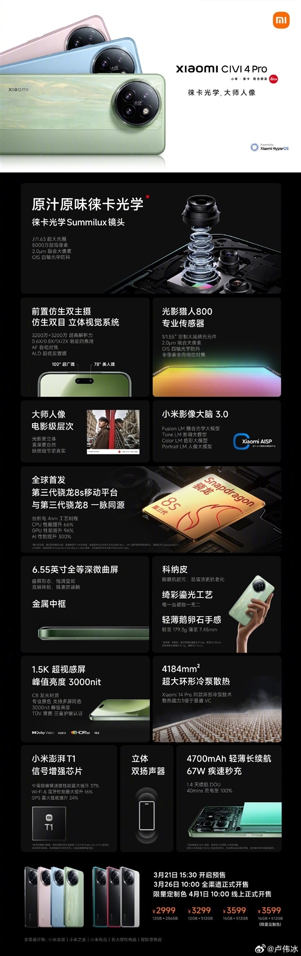 首发第三代骁龙8s+徕卡影像！小米Civi 4 Pro首销：2999元