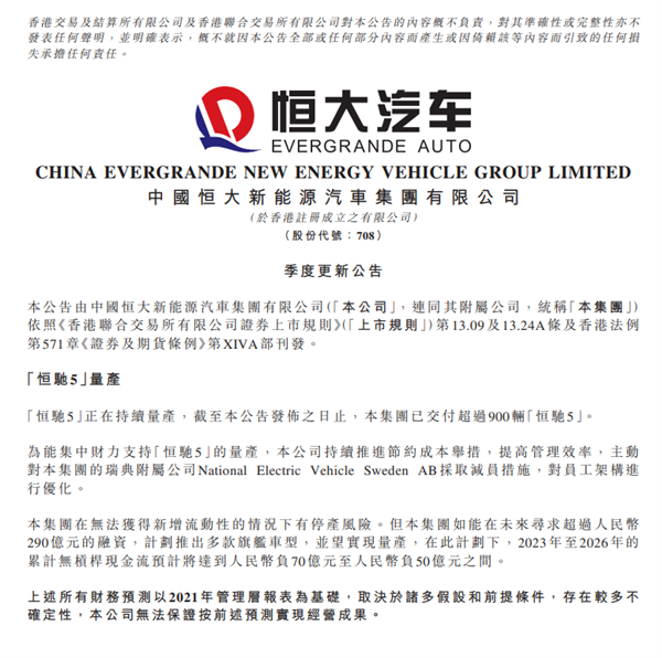 恒大首款量产SUV!恒驰5交付超900辆:这种情况有停产风险