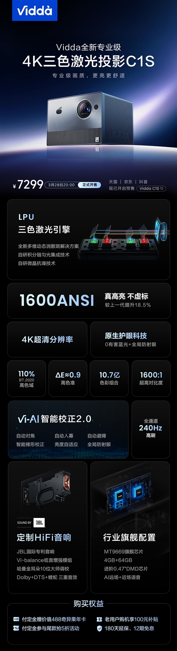 海信Vidda 4K三色激光投影C1S发布:7299元