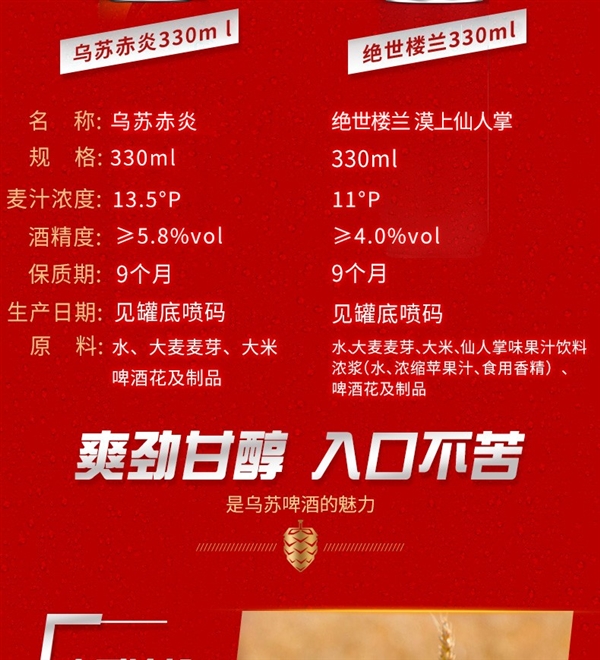 乌苏啤酒大促:立减64元 折合3元/瓶到手