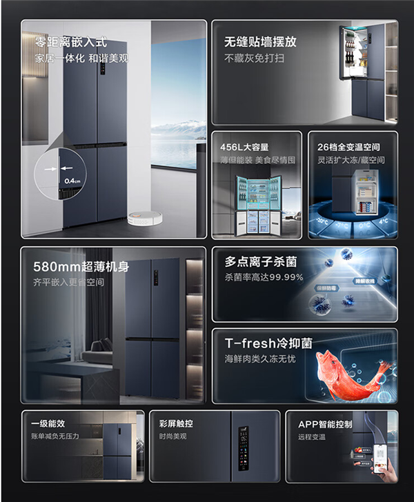 TCL发布超薄四开门冰箱T9:0cm无缝式嵌入 456L仅3399元