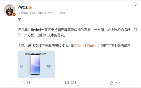 超越iPhone 14！卢伟冰：小米13引领的四窄边技术Redmi在加速普及
