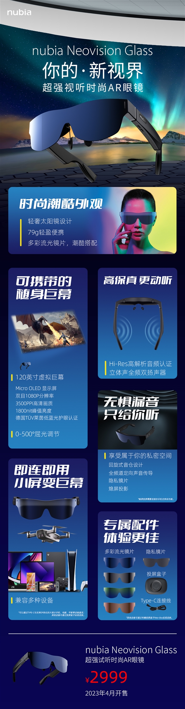 120英寸虚拟巨幕!努比亚首款AR智能眼镜Neovision Glass发布:2999元