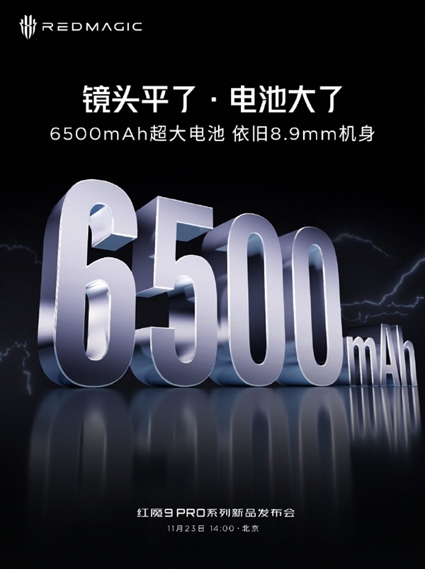 红魔9 Pro镜头平了电池更大：6500mAh大容量 综合续航超2天2夜