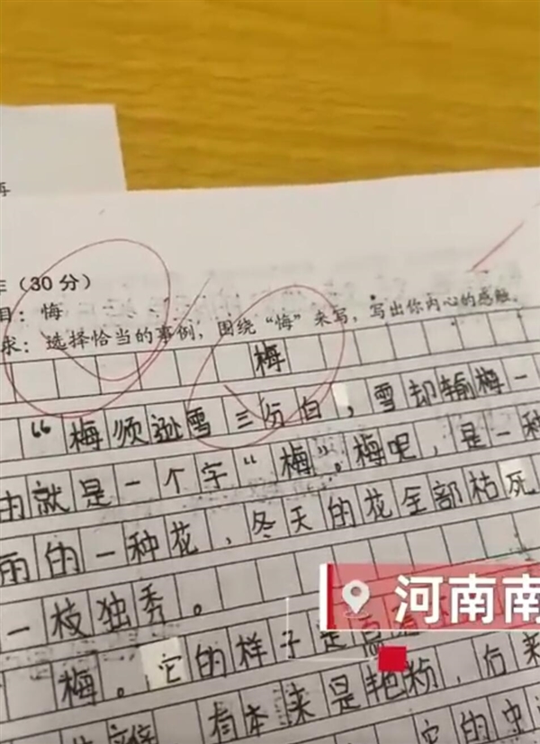 小学生满分作文跑题老师含泪打5分：把“悔”看成“梅”