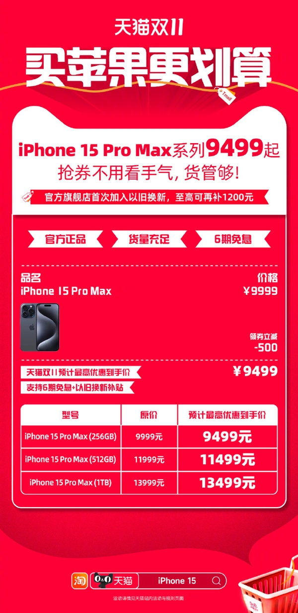 5299元起！天猫开启iPhone 15系列疯狂降价：最高支持6期免息