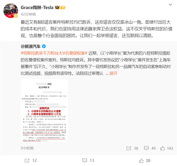 特斯拉胜诉千万粉丝大V名誉侵权案 陶琳：另8起谣言案均胜诉