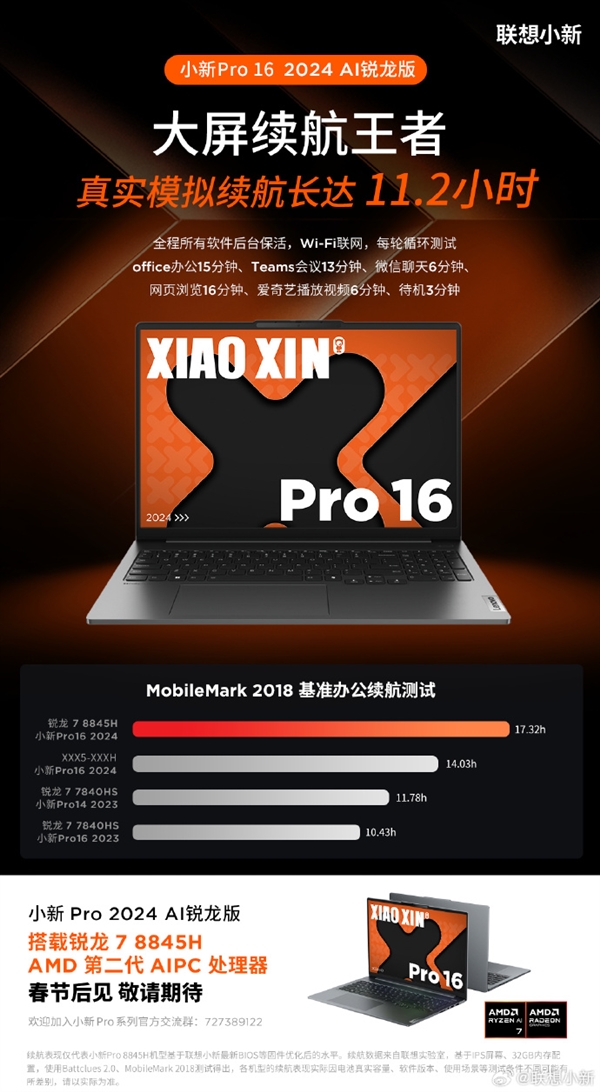 联想预热小新Pro16 2024锐龙版轻薄本：锐龙7 8845H、续航达11.2小时