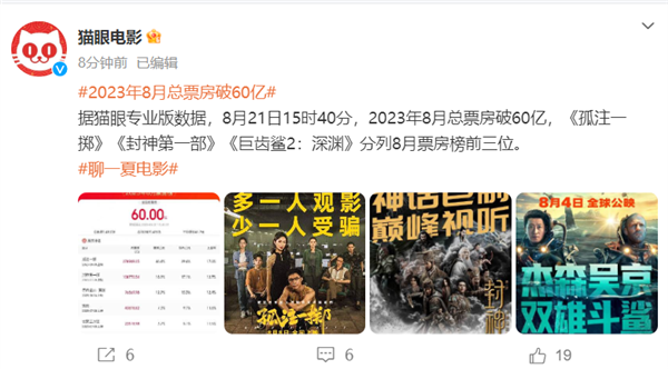 2023年8月总票房破60亿：《孤注一掷》第一  国产电影完胜好莱坞电影