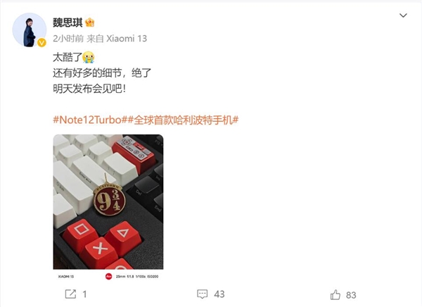 Redmi Note 12 Turbo哈利·波特定制版明天见 魏思琪：太酷了 绝了