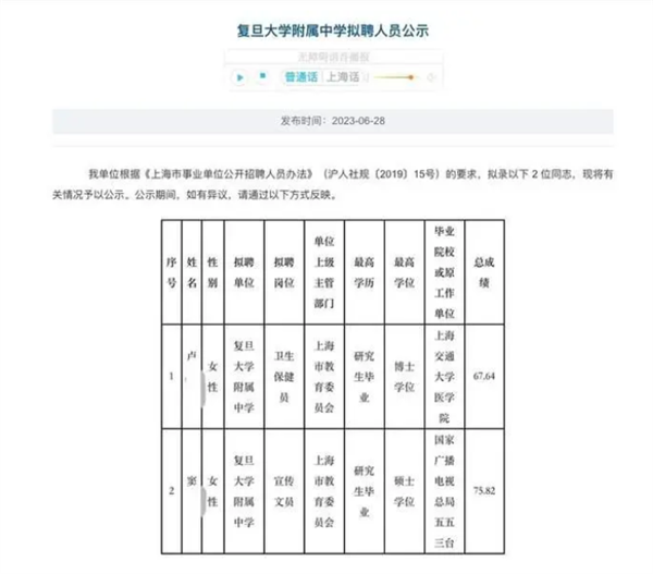 卷上天！上海交大博士应聘中学保健员 复旦附中回应