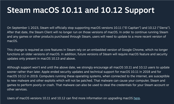 老版本被放弃!Steam将终止对macOS 10.11/10.12系统支持