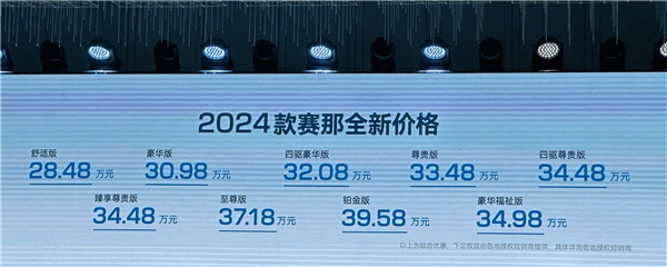 全系降价2.5万元！2024款丰田赛那上市：28.48万起