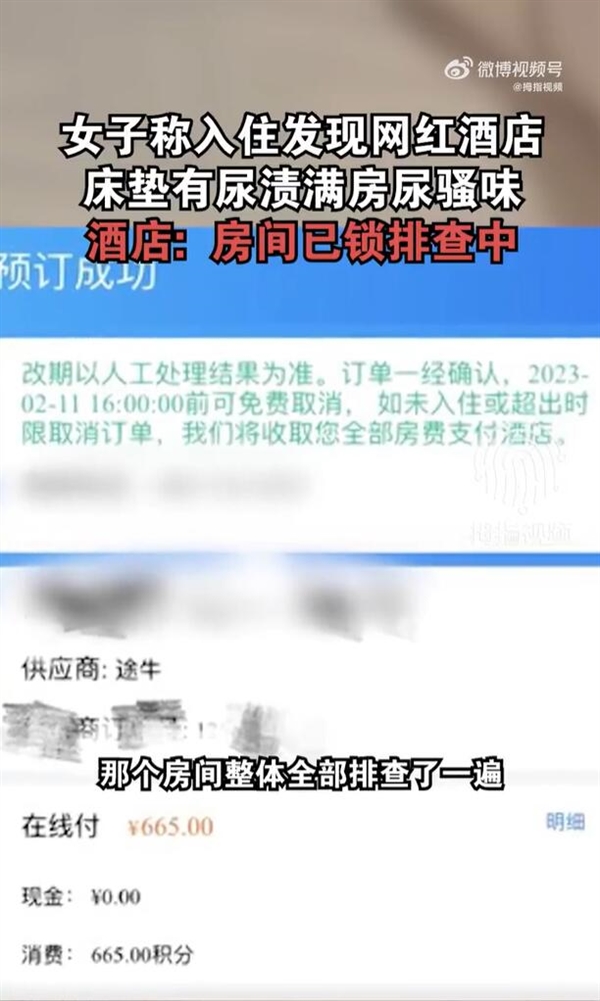 女子入住网红酒店发现床垫有尿渍:满房一股味
